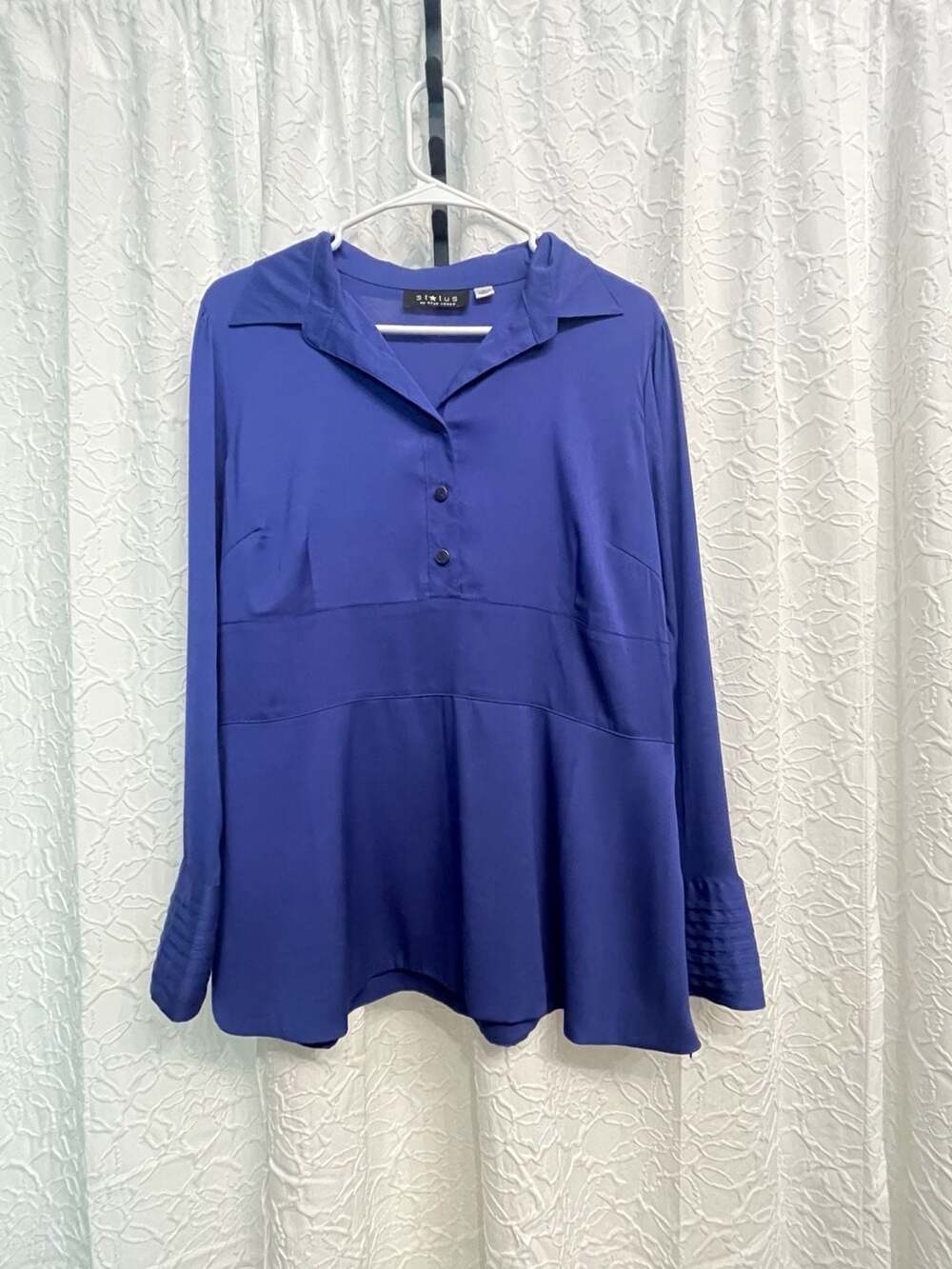 Status by Star Jones Blue Long Sleeve Collared Peplum Blouse Size M